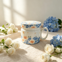 Mug en céramique à motif floral de 400 ml avec couvercle Mara, tasse à fleurs bleues en porcelaine, mug à café ou à thé