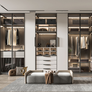Maison Villa Chambre à coucher Vêtements Placage de bois Promenade dans les armoires Armoire de chambre Moderne Construire dans l'armoire Placard Design - Product Image 1