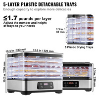 Deshidratador de Alimentos de 5 Bandejas, Deshidratador de Frutas Eléctrico de 300W, Secador de Alimentos Digital con Temporizador y Temperatura Ajustables, Certificado ETL, Color Plateado
