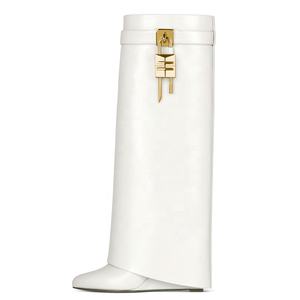 Kat uzun patik yumuşak yerleşimi Slip-on kama topuk ayakkabı kadın diz yüksek çizmeler Metal köpekbalığı kilidi boyutu 43 - Product Image 2