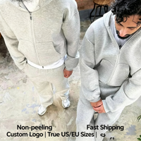 Setelan Training Pria Ukuran Besar Bahan Fleece Polyester/Katun Tebal Berlogo Rhinestone Kustom untuk Musim Dingin, Celana Panjang Kaki Lebar Model Boxy