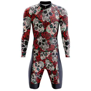 HIRBGOD Wholesale Men's Premium Funny Triathlon Suit Padded Skull And Flower Pattern High Quality Triathlon Set With Long Sleeve