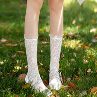 Kaus Kaki Setinggi Betis Tipis Berenda Warna Solid dengan Hiasan Bunga, Gaya Jepang JK Lolita 45cm, Kaus Kaki Slouch Nilon Bernapas untuk Musim Panas