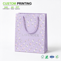 Sac en papier lilas imprimé sur mesure avec motif floral et poignée en corde torsadée pour l'emballage de vente au détail en salon et boutique, vente en gros