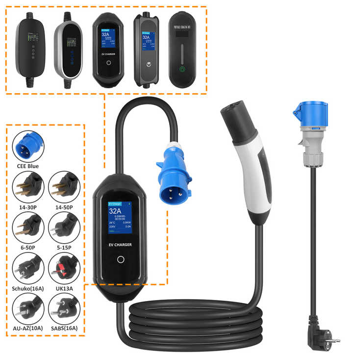 Electric Vehicle Charging Cable 7KW 32A EV Portable Charger CEE Plug Current Adjustable EV & Plug-in Hybrid Car Charger