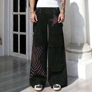 ผู้ผลิตเสื้อผ้าสตรีทแวร์ Rainbow Spray กางเกงคาร์โก้เดนิมปักลายดาวสำหรับผู้ชาย กางเกงคาร์โก้ทรงหลวมขากว้างสไตล์เรโทรสำหรับผู้ชาย - Product Image 3