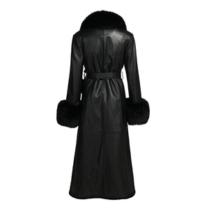 Cappotto <span class=keywords><strong>Trench</strong></span> in <span class=keywords><strong>Vera</strong></span> <span class=keywords><strong>Pelle</strong></span> di Pecora con Logo Personalizzato, Colletto in <span class=keywords><strong>Vera</strong></span> Pelliccia di Volpe, Stile Lungo e Morbido per Donna - Product Image 2
