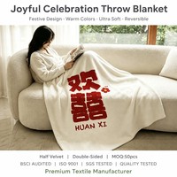 Plaid chinois Huan Xi, base crème, Double Joy, festif, semi-velours, double face, ultra doux, pour canapé et maison, vente en gros