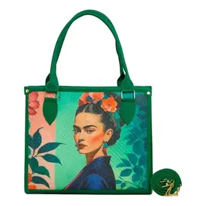 Bolso Tote de Yute Verde para Mujer Fana Flora, con Patrón Floral y Cierre de Hebilla, Bolso de Compras - Product Image 1
