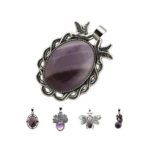 Kalung liontin batu permata kecubung alami, perhiasan modis buatan tangan bentuk bulat untuk hadiah wanita liontin mewah
