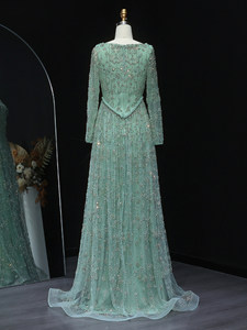 S2685N 2026 Nuovo Elegante <span class=keywords><strong>Abito</strong></span> da Sera <span class=keywords><strong>Verde</strong></span> Salvia Lungo fino al Pavimento, Linea A, Maniche Lunghe, in Organza con Cristalli, Antistatico, per Feste Formali - Product Image 2