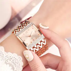 럭셔리 핫 판매 스퀘어 손목 시계 스테인레스 스틸 골드 여성 시계 다이아몬드 손목 시계 도매