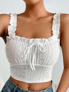 Débardeur Femme OEM en Coton Blanc Uni Tricoté Respirant avec Broderie à Oeillets, Volants et Nœud Papillon – Vente en Gros de Haute Qualité - Product Image 3