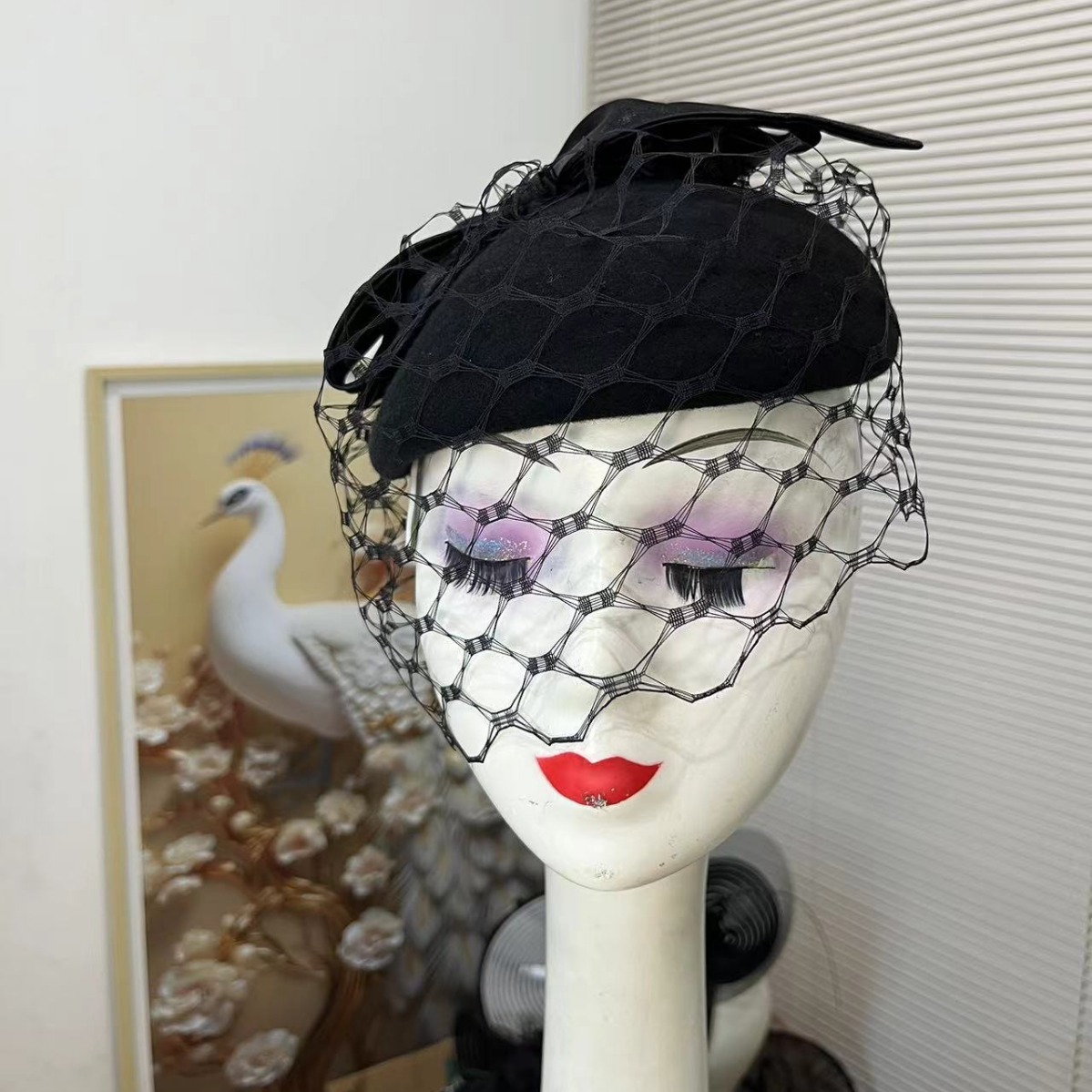 Vintage Millinery Hat Black Mourning Beret Pillbox Fascinator Netting Veiled Black Funeral Hats | Nerida Fraiman main image 4