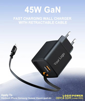Pengisi Daya GaN 45W Terbaru, Dapat Ditarik, USB Type C, Adaptor Pengisian Cepat, Multi Colokan EU UK AU, Charger Perjalanan Grosir
