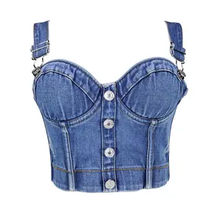 Großhandel Mode verstellbare Schulter gurte Korsett Frau Jeans Fitness Tanktops Bustier Frauen Denim Crop Tops