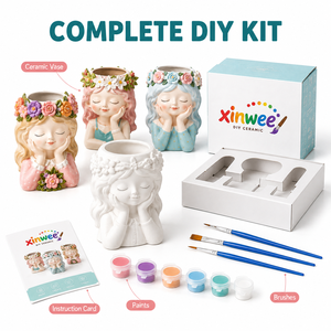 Kit de Vases en Céramique Écologiques DIY en Gros, Figurine Fille Nordique, Peignez Votre Propre Pot de Fleurs, Motif Dessin Animé, 6 Peintures Pastel pour - Product Image 2