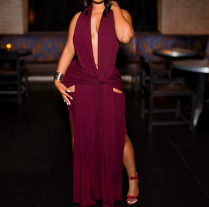 Viviblook Z0127DS Nouvelles Robes pour Femmes Élégantes et Sexy, Col Halter, Décolleté Profond en V, Dos Nu, Fendue, Couleur Unie, Robe Longue de Soirée - Product Image 3