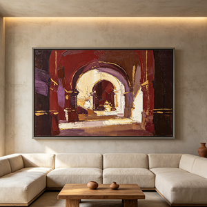 <span class=keywords><strong>Peinture</strong></span> architecturale Art Déco impasto peinte à la main sur toile, arches superposées, dorure délicate, prune bordeaux riche, à suspendre - Product Image 3