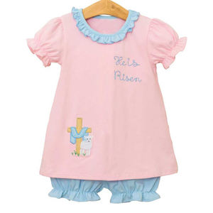 GSSO3247 Conjunto Infantil Personalizado de Manga Corta con Bordado de Niña Activa en Rosa, Él ha Resucitado, Venta al por Mayor - Product Image 1