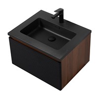 Meuble-lavabo flottant de luxe moderne noir mat 600 mm avec éclairage LED et texture 3D ondulée, ensemble de meubles OEM pour vente en gros