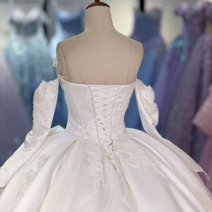 Robe de mariée élégante en satin Dy1508, col cœur, appliques, cristaux, perles, dentelle, traîne chapelle, longueur ras du sol - Product Image 5