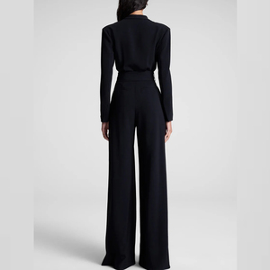 Combinaison élégante noire pour <span class=keywords><strong>femme</strong></span>, taille haute, col en V profond, manches longues, ceinturée, longueur genou, jambes larges, personnalisable, pour soirée formelle - Product Image 4
