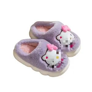 LINDA Sanrios KT Cat Kids Shoes for Girl Cute Cartoon House Slippers Winter Thick Slippers Keep Warm Kawaii Non-slip Slipper