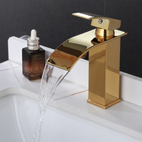 Robinet de salle de bain en cascade en or titane - Robinet de lavabo à poignée unique chaud et froid avec un design carré moderne