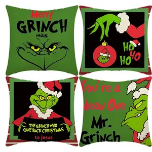 2024格林奇亚麻扔枕套沙发办公室枕套绿色头发怪物圣诞装饰精灵枕套