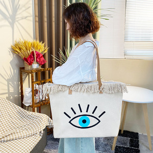 Tote da donna con nappine malocchio alla moda in tela riutilizzabile da <span class=keywords><strong>spiaggia</strong></span> <span class=keywords><strong>e</strong></span> Shopping Bag con chiusura a cerniera - Product Image 1