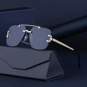 Partagas 2023 Stylish Fashion Luxury Brand Metal Double Bridge Rimless Diamond Cut Square Men Sun Glasses Shades Sunglasses