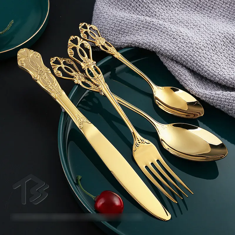 Baroque Royal 18/10 Flatware Vintage 24 Bộ Đồ Bạc Sang Trọng Bộ Dao Kéo Vàng Cưới Bằng Thép Không Gỉ