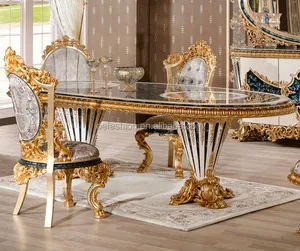 OE时尚定制法国实木雕刻艺术拼花椭圆形餐桌椅套装别墅家具