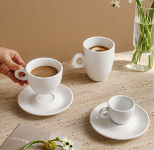 Juego de Taza y Platillo de Cerámica Blanca con Asa de Donut, Estilo Minimalista, para Espresso y Cappuccino, Ideal para Hoteles, Cafeterías y Restaurantes, Venta al Por Mayor - Product Image 3