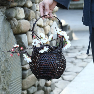 Cesta de Flores Tejida de Bambú, Forma Redonda, Decoración para Sala de Estar, Estilo Zen, Florero para Ceremonia del Té, Tipo Vertical - Product Image 3