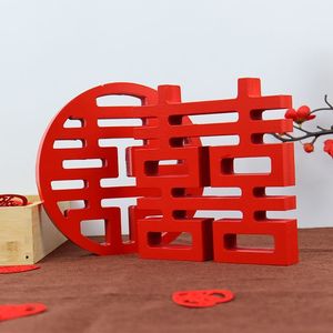 Adornos de madera 3D con el símbolo de la doble felicidad, rojos, redondos y cuadrados, para decoración de bodas - Product Image 1