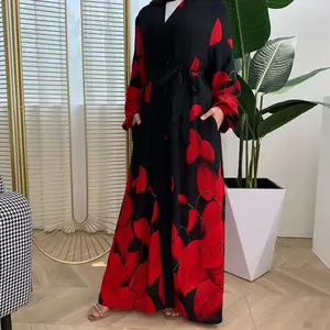 Ramadan New Arrival Bubble Chiffon Leaf-Print Abaya Long Gowns Jubah Middle East Arab Islamic Clothing