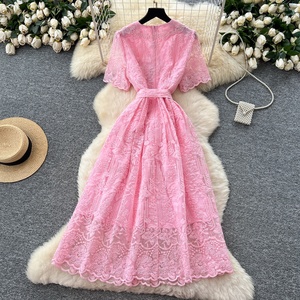 Vestido Elegante de Verano para Mujer, de Alta Gama, con Cuello Peter Pan de Encaje, Manga Corta, Cintura Ajustada y Bordado - Product Image 4