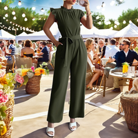 Combinaison pour femme à taille haute, couleur unie, manches à volants, avec ceinture, coupe ample, décontractée, pour le printemps et l'été