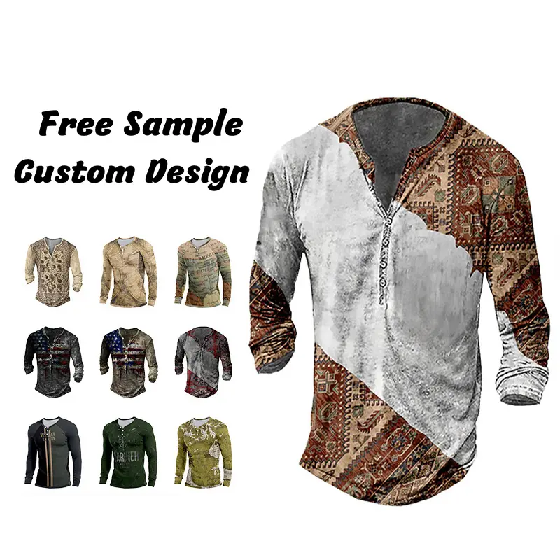 Men's Henley shirt fashionable new 3D digital print vintage pattern cotton long-sleeved T-shirt