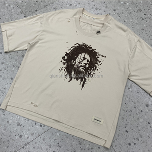 เสื้อยืดสตรีทแวร์คอสองชั้นแบบดิสเทรส พิมพ์ลายโอเวอร์ไซส์ ทรงหลวมไหล่ตก เสื้อยืดคอตตอนทรงบ็อกซี่แบบย้อมสีเอซิด - Product Image 3