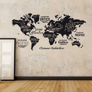 Carte <span class=keywords><strong>du</strong></span> <span class=keywords><strong>monde</strong></span> en mots Autocollant mural en vinyle Océans et continents en espagnol Décoration murale Décoration murale DIY pour le salon - Product Image 1