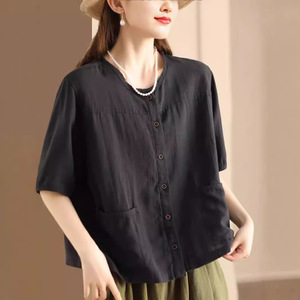 Women's Cotton Linen Shirt Short Sleeve V-Neck Button Front Pocket Design Casual Retro Style Coffee Color - Product Image 3