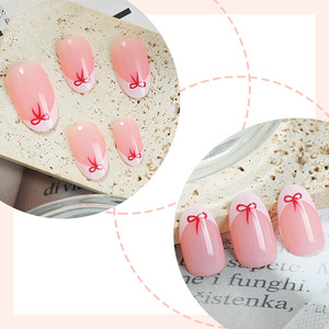 Faux ongles à presser <span class=keywords><strong>couleur</strong></span> unie style <span class=keywords><strong>French</strong></span> Bow, détachables et réutilisables, kit d'ongles, vente en gros d'usine, OEM ODM, ensemble personnalisé - Product Image 2