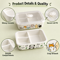 Boîte à bento en céramique à compartiments avec couvercle transparent hermétique, motif personnalisé, boîte cadeau, boîte à lunch en céramique à compartiments, design mignon de dessin animé