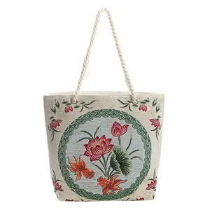 2023 New style trend canvas gold silk double-sided embroidered lotus goldfish pattern shoulder handbags tote bag