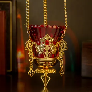 HT Church Catholic Orthodox Greek Christian Gold/Silver Hanging Votive Vigil Oil Lamp With Chain And Red Glass Cup