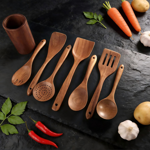 Ensemble de 7 spatules en teck et 4 cuillères en bois à poignée confortable, ustensiles de cuisine antiadhésifs, cuillères à mesurer, repose-cuillère - Product Image 2