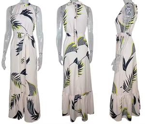 Robe longue d'été pour femme à imprimé floral, col licou, coupe trapèze, sans manches, taille haute avec ceinture, taille <span class=keywords><strong>empire</strong></span>, à volants, taille unique - Product Image 2